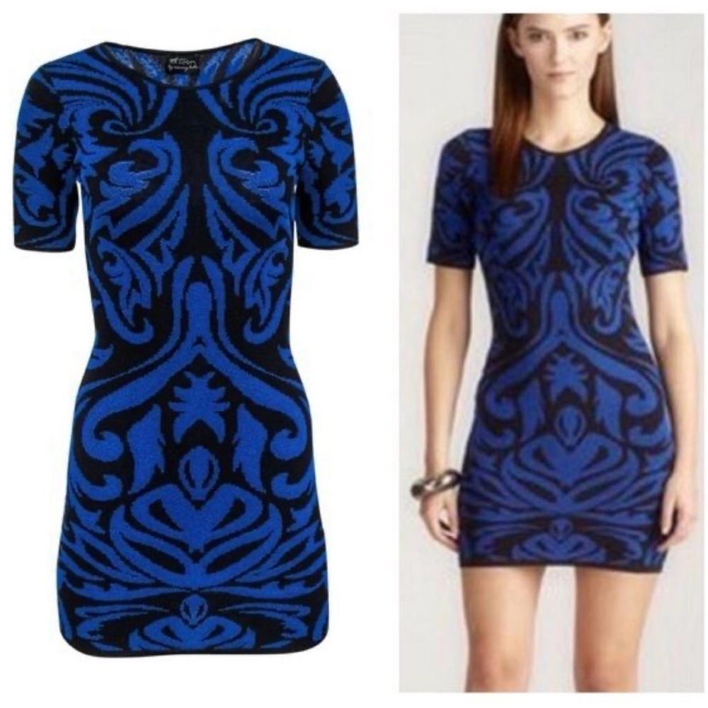 Torn by Ronny Kobo Baroque Body-con Filigree Blue and Black Mini Dress